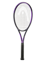 A tennis racket with a black frame and purple trim, featuring black strings and a black grip, shown against a plain white background.